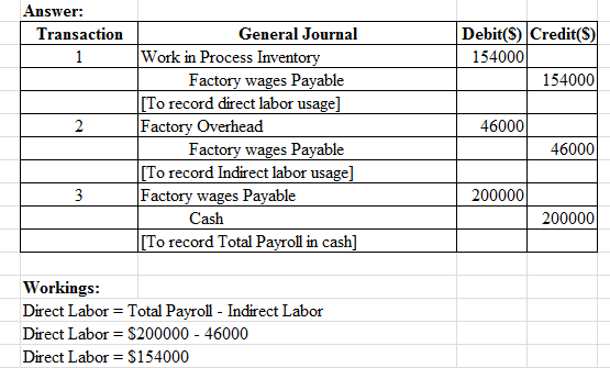 Answer: Transaction Debit(s) Credit($)| 154000 1540001 2 46000 General Journal Work in Process Inventory Factory wages Payabl