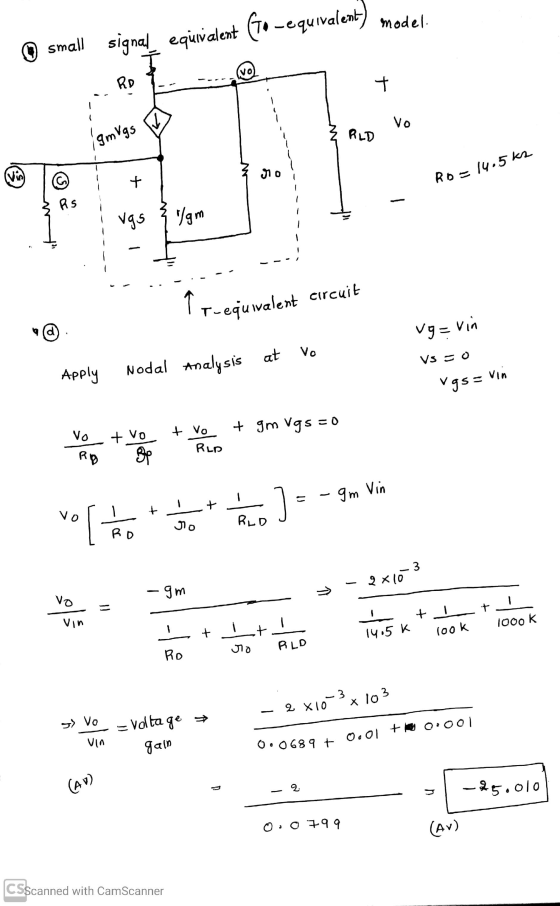 Go-equivalent) model small signal equivalent (To-equivalent vo RD + vo IgmVgs RLD 14.5k2 no (Vis) (G + Ro= As vgs gm T-equwal