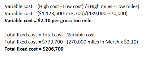 Variable cost = (High cost - Low cost) / (High miles - Low miles) Variable cost = ($1,128,600-773,700)/(439,000-270,000) Vari