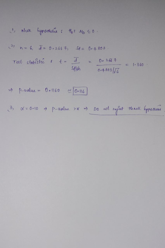 & Wull hypothesis is the lo so. 2 n = 6, J = 0.2667, Sd = 0.4803. Test statistie & t= h = 0. 2667 Salvh 0.4803156 I 1-360 pua