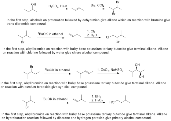 le 150, Hoge wa Dos como yo H2SO4, Heat Br2, CCl4 In the first step, alcohols on protonation followed by dehydration give alk