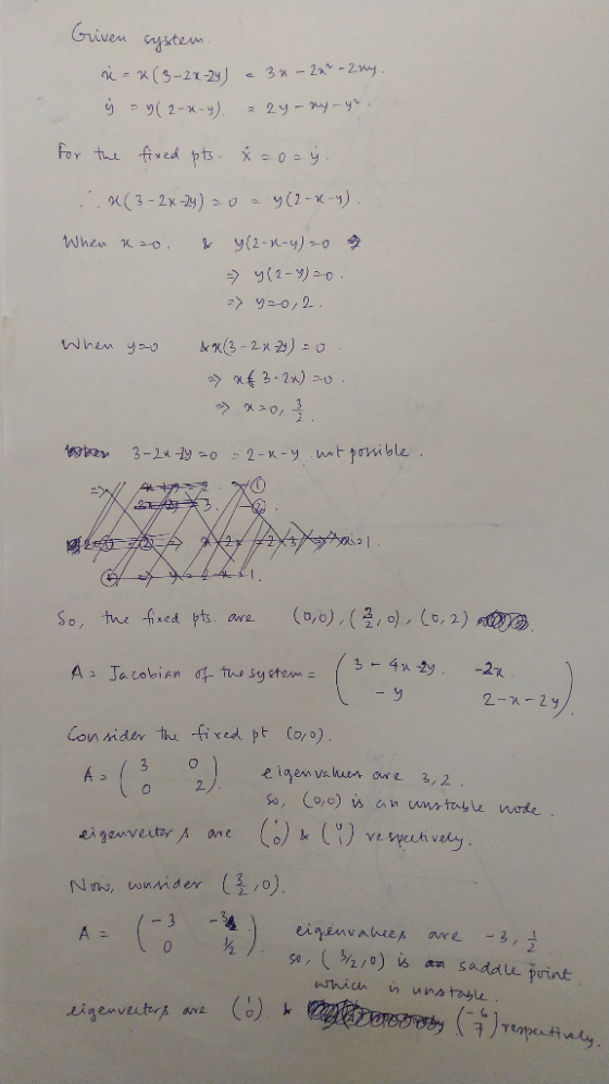 Given system. iu (3-2x-2y) e 30-24²-2my. = 9(2-*-y). 2y-ay-y for the fixed pts. x = 0 = ý. ..(3-2x-2y) > 0. y(2-x-y). When 12