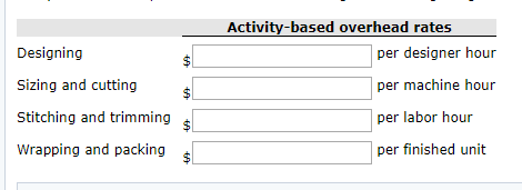 Designing Sizing and cutting Stitching and trimming Wrapping and packings Activity-based overhead rates per designer hour per