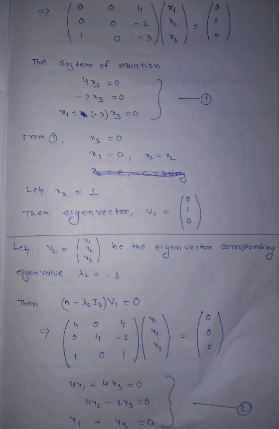10 0 41 0 0 - 2 The sug tem of ewation - 213 =0 24 + (-3) ₂=0 ) from 0 , 13 =0 mg = 0, me = mz Len na = 1 Then eigen vector,