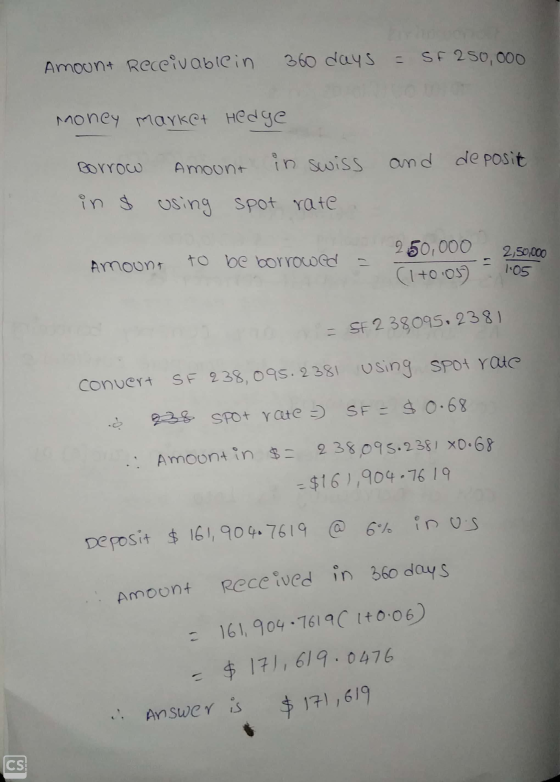 Amount Receivable in 360 days = SF 250,000 Money market Hedge and deposit Borrow in s Amount in swiss using spot rate Amount