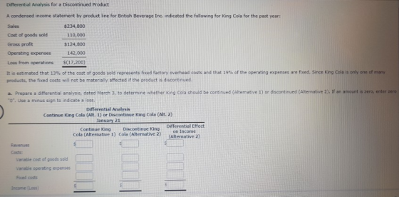 Differential Analysis for a Discontinued Product A condensed income statement by product line for British Beverage Inc. indic