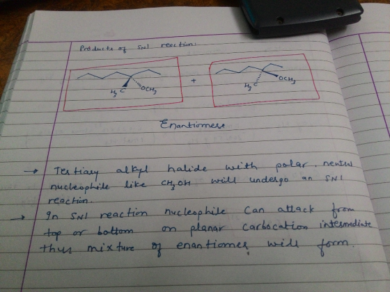 Products of SNl reaction: OCH, CA Enantiomere 1 Testiary alkyl halide weith polar, neutral nucleophile like CH₂OH will under