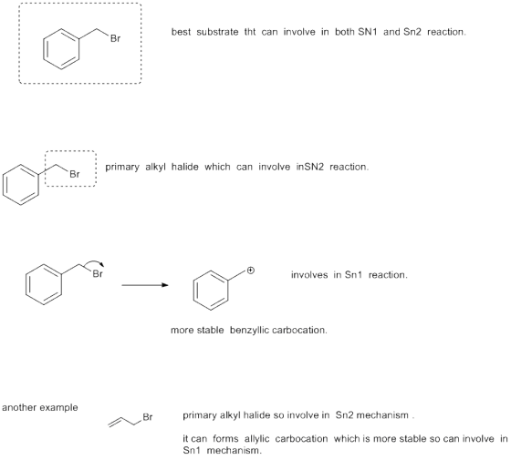 best substrate tht can involve in both SN1 and Sn2 reaction Br primary alkyl halide which can involve inSN2 reaction Br Br in