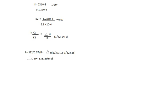 K- 2X10-3 392 5.1X10-6 K2 1.7X10-3 -6.07 2.8 X10-4 In K2-AH K1 R(1/T2-1/Ti) In(392/6.07) R- LI H(1/373.15-1/323.15) AH-835721