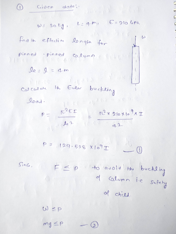 0 cioen Given databa data! W=30kg, L=qm, E= 210 cpa find the effective length for pinned -pinned Olymo le=0=am Calculate the
