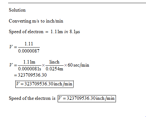 Solution Converting m/s to inch min Speed of electron 1.11m in 8.lus 1.11 0.0000087 1.11m linch_x60sec/min 0.0000081s 0.0254m