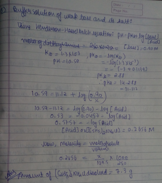 1 Buffen solution of weak base and its salt Date : Page No. Aud) Using Henderson-Hasselbalch equation: pH=phat log (base mous
