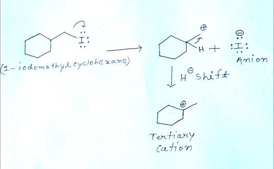 KH+ :I: S anion (1-iodomethylcyclohexane) H shift Tertiary cation
