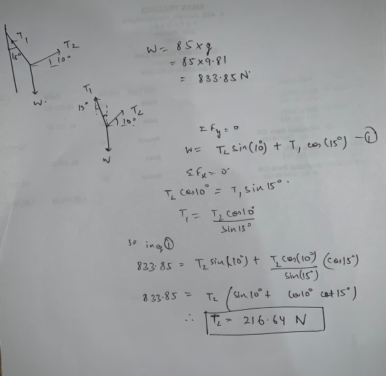 ) lo Į Carlo = T, sin 15°. WA T2 W=85xg 85*9.81 833.85 N Efry = W= Tsin(18) + T, cos (15) Efua Ті 15 T ฝ T= T, coslo Sin 15°