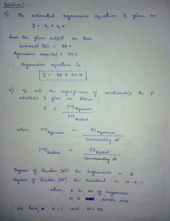 Solution - as The estimated regression equation is geven as y = b. tb, a have from the given output we intercept (bo) = 88.0