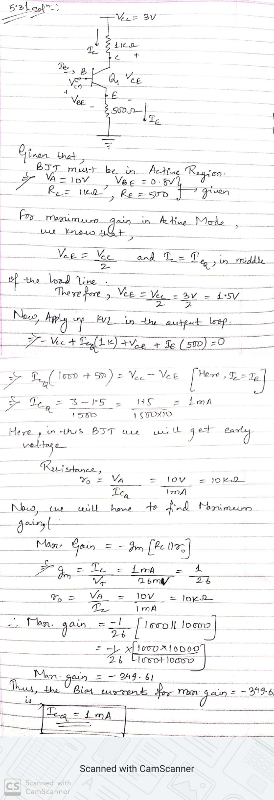 531 copas VEL = 3V ملارد PB e- a. V. bE son lid Ginen that BJT must be in Actine Region. VA = lov VBE = o.svg Re = lkh, Re=50