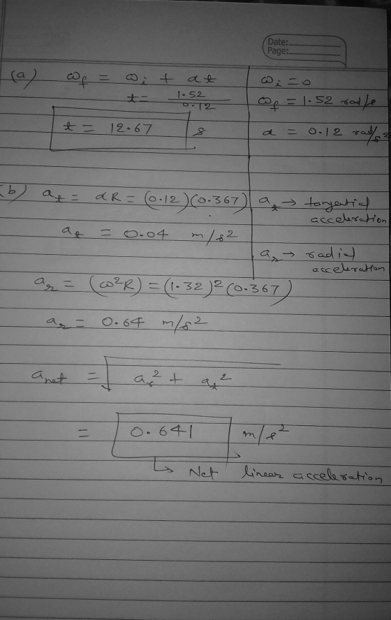 Date: Page:- (a) og = wit at t 1.52 Qp = 1.52 rolle 012 t = 12.67 8 Ta = 0.12 rall tangential b) . a acceleration a = dR = (0