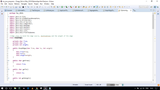 my java_programs - Chegg QA/c/May_2018/DijkstraAlgorithm Test.java - Eclipse File Edit Source Refactor Navigate Search Projec