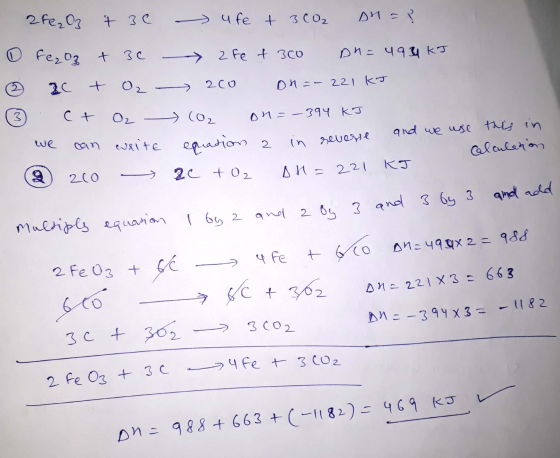 2Fe₂O3 t Be u fe + 300₂ AM=? Fe₂O3 + 30 2Fe + 300 Dh= 4934 kJ ® BC + O₂ 200 on=-221 kJ (3 ct 0₂ (0₂ on=-394 KJ we can write e