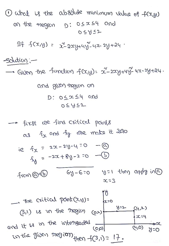 o what is the absolute minimum Calue of ffxy) Di OSX54 and Os 42 on the region If f(x,y) = x-axythy 4x-24+24. solution :- Giv