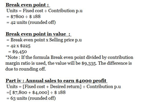 Break even point : Units = Fixed cost : Contribution p.u = $7800 = $ 188 = 42 units (rounded off) Break even point in value :