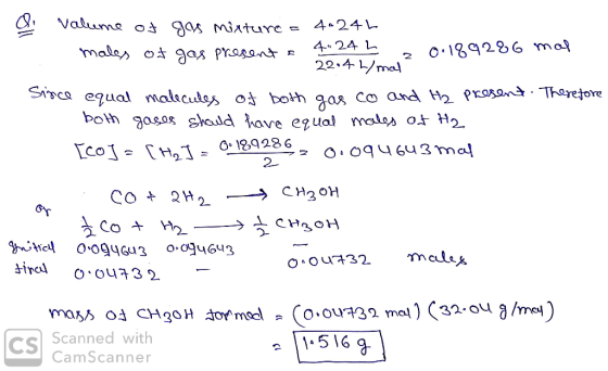 a valume of gas mixture - 4+24L males of gas present se to 424 L * 22:41 mal 20.189286 mal Since equal malecules of both gas