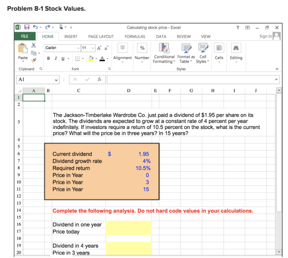 Problem 8-1 Stock Values. ? X - Sign In Saf Calculating stock price - Excel FILE HOME INSERT PAGE LAYOUT FORMULAS DATA REVIEW