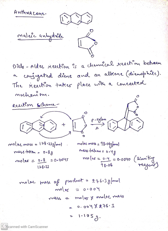 Anthracene- maleic anhydride Diels - Aldee reaction is a chanical reaction between conjugated diene and an alkene (dienophile