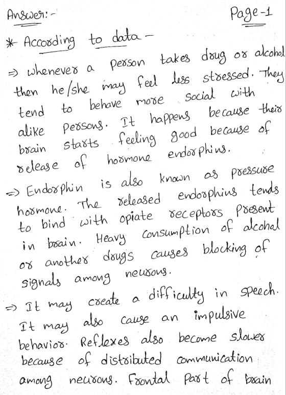 Answer: - Page 1 * According more to to data- - whenever a person takes doug or alcohol then he/she imay feel less stressed.