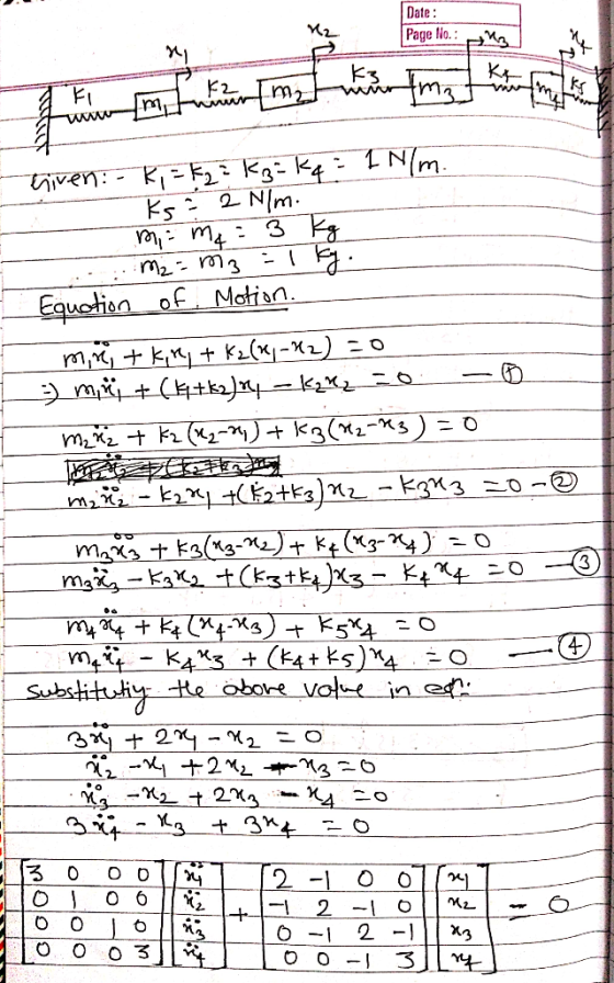 Date: Page No.: mit ne mon ma mir m3 he has 1 hiven: - k, = kg ² kg = kg = 1 N/m. Ks = 2N/m. im me = 3 kg : M2= M3 =1kg. Equa