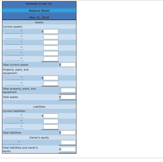 Palisade Creek Co. Balance Sheet May 31, 2019 Assets Current assets: $ Total current assets Property, plant, and equipment: T