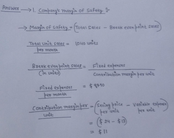 Answer 1. Companys margin of safety & Margin of safety = (Total Sales Break even boint sales Total unit sales - per month 10