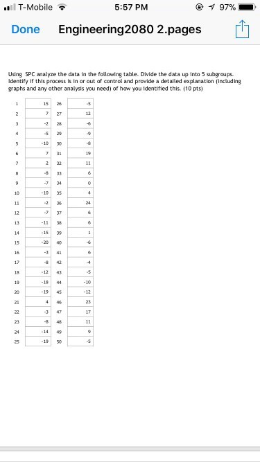 T-Mobile - 5:57 PM Done Engineering2080 2.pages 1 Using SPC analyze the data in the follawing table. Divide the data up into 5 subgraups Identify if this process is in ar aut af control and provide a detailed explanation (including graphs and any other analysis you need) of how you identified this (10 pts) 15 26 5 2 7 3 2 32 -7 3 10 35 7 37 3 4 8 42 12 43 -3 47 25