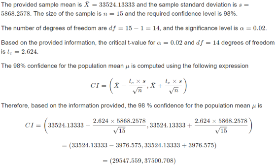 The provided sample mean is X = 33524.13333 and the sample standard deviation is s = 5868.2578. The size of the sample is n =