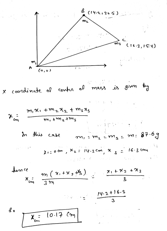 в (ч.1, 2, s) m3 (143, 15.4) We (о,о) та given by x coordinate of center of х: м, к, +т, X, + т 3 m, tmz+m3 In this са м, -