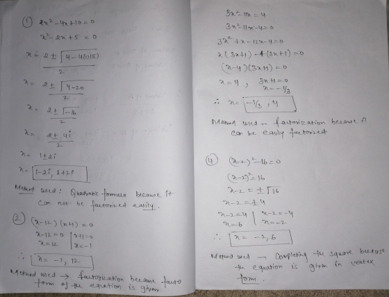 2n2 - 4x+10=0 3 a ² la = 4 3n²lloi-u=0 2² an+5 r = = 2t son 4-4(115) 3neta-120-4 = 0 & (324) 4 (3x+1)=0 (n-4) (3ath) 32 H-o b