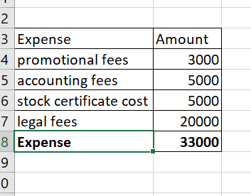 Amount 4 promotional fees 5 accounting fees 6 stock certificate cost 7 legal fees 8 Expense 3000 5000 5000 20000 33000 0