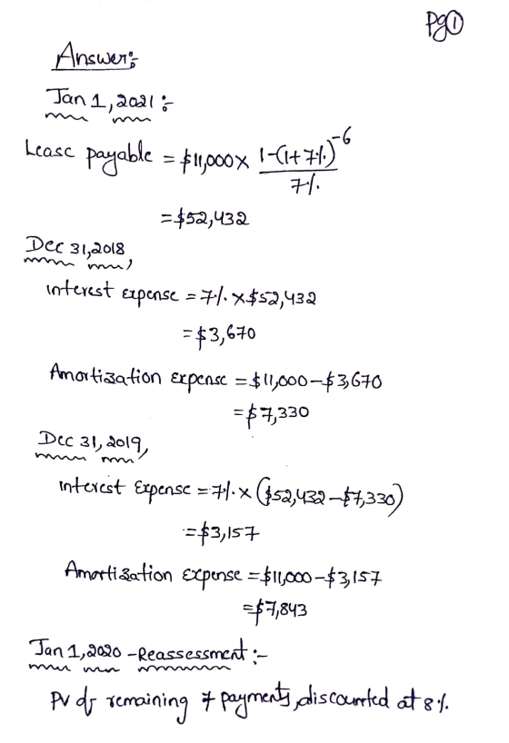 Pgo Answers Jan 1, 2011 Leasc payable = $1,000x !-(1+x1 H. = $52,432 Dec 31,2018 mm) interest Expense = 71.7$52,432 =$3,670 A