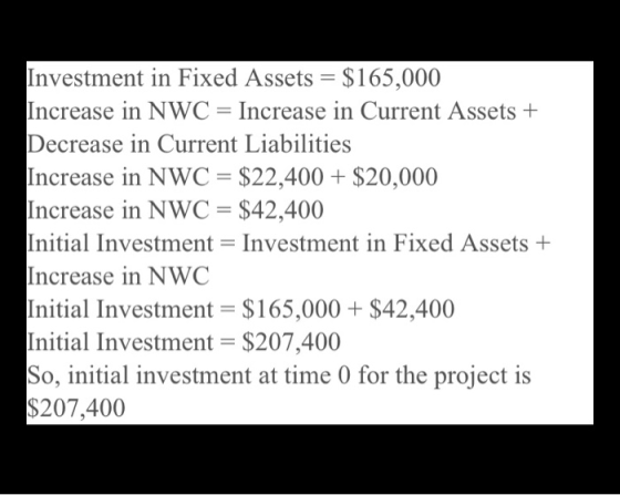 Investment in Fixed Assets = $165,000 Increase in NWC = Increase in Current Assets Decrease in Current Liabilities Increase i