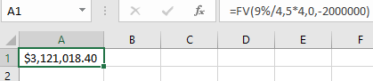 X foc =FV(9%/4,5*4,0,-2000000) D E B C 1 $3,121,018.40