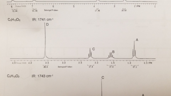 TTT 8 Proton NMR 2 PPM L 15 Intergal Values 17.46 16.62 C5H1002 IR: 1741 cm-1 4.5 Proton NMR 4.0 0.5 PPM 3.0 Intregral Values