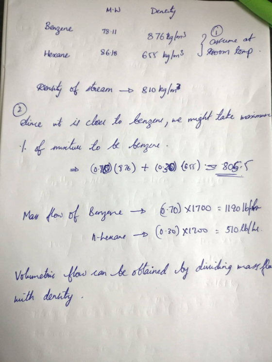 MW Benzene 78-11 Dencity 876 eglm 655 kg/m3 shume at Koom temp. Hexane 86.18 Density of stream 810 kg/m3 dince it is closer t