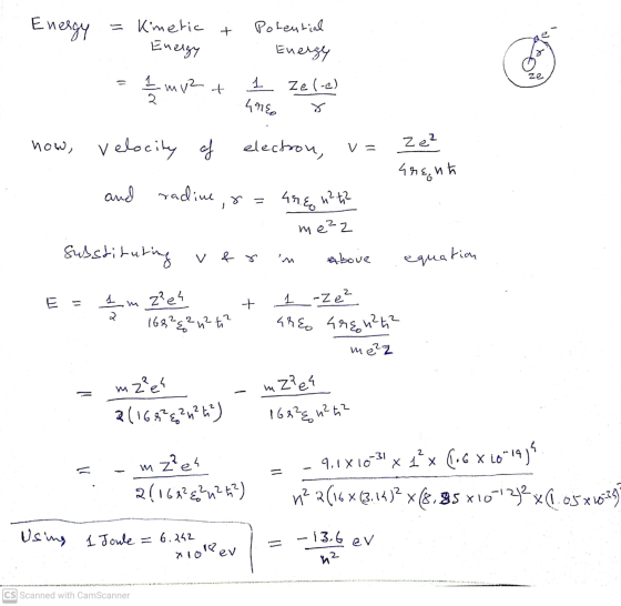 Energy - Kimetic Energy potential Energy ze 2 m2 + 1 Zel-a) 406 ४ now, velocity of electron, Ze² 4r8ght and radine, 45.60 42