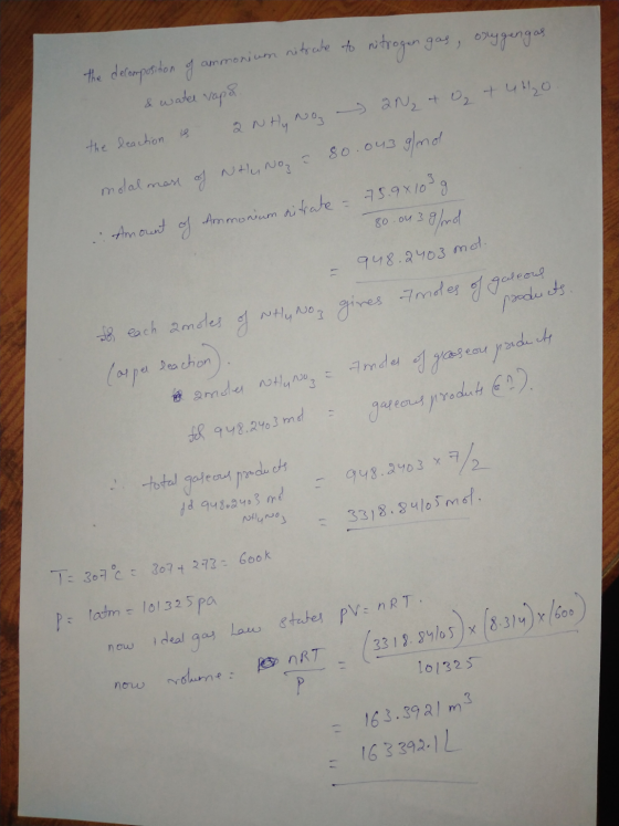 the decomposition of ammonium nitrate to nitrogen gas, oxygengas & water vapa. the leaction is 2 NHy Nog - 2N₂ + O₂ + uho. mo