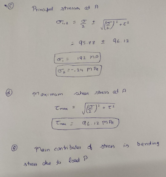 Principal stresses at A Juz = 96.12 = 95.88 192 MP 62=-.24 M Pa sheer stress at A MQximuum Tmax = Tman = 96.12 M Pa bending M