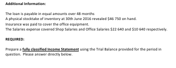 Additional Information: The loan is payable in equal amounts over 48 months A physical stocktake of inventory at oth June 201