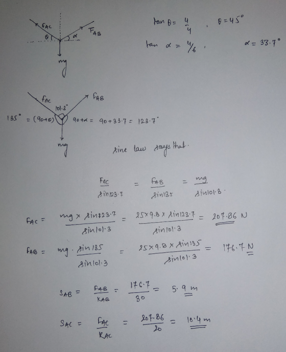 fan o= 4 0 X FAC =45° a tan & = %. 2 = 33.7° X FAC FAB 101.8 135 = (90+0) 90th = 90+3 3.7 = 123 7° WAL sine law says that = =