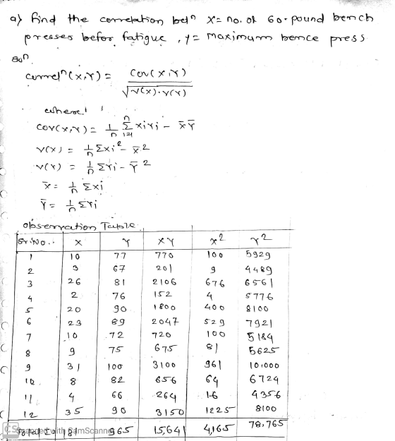 ay find the correlation bel X= no. of Go-pound bench . presses befor fatigue ,y= maximum bence press. son comercxitda corrxiv