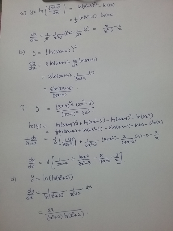 a.) y = ln (1203) = In (2237²_10 (2x) = + ln (223) Incax) I = 1 2 1 23 (2) - 1 2 2 = 2 2 2 3 2 6.) y = [In (3x+4) ² o en 2 61