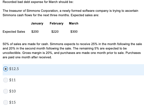 Recorded bad debt expense for March should be: The treasurer of Simmons Corporation, a newly formed software company is tryin